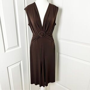 Capucino Brown Ruched Plunge Neck Midi Dress- Sleek, Versatile & Elegant, Medium